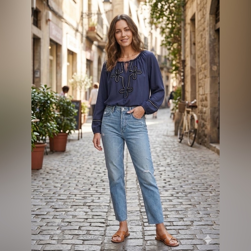 Anthropologie Wendy Katlen Navy blue silk long sleeve Blouse Size large